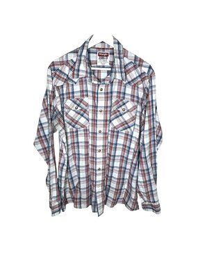 Wrangler Jeans White & Red Plaid Long Sleeve Pearl Snap Western Shirt, Size XL